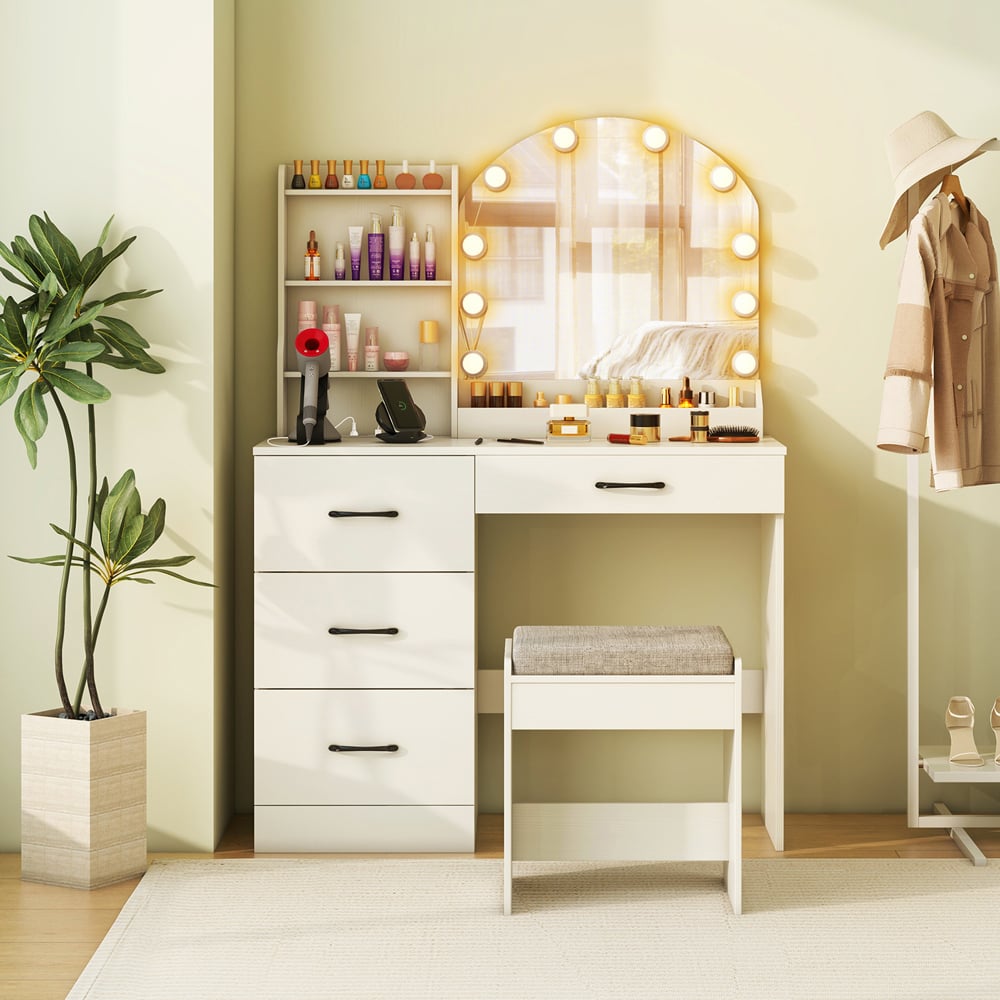 Costway White Dressing Table and Stool Set with LED Mirror Image 6