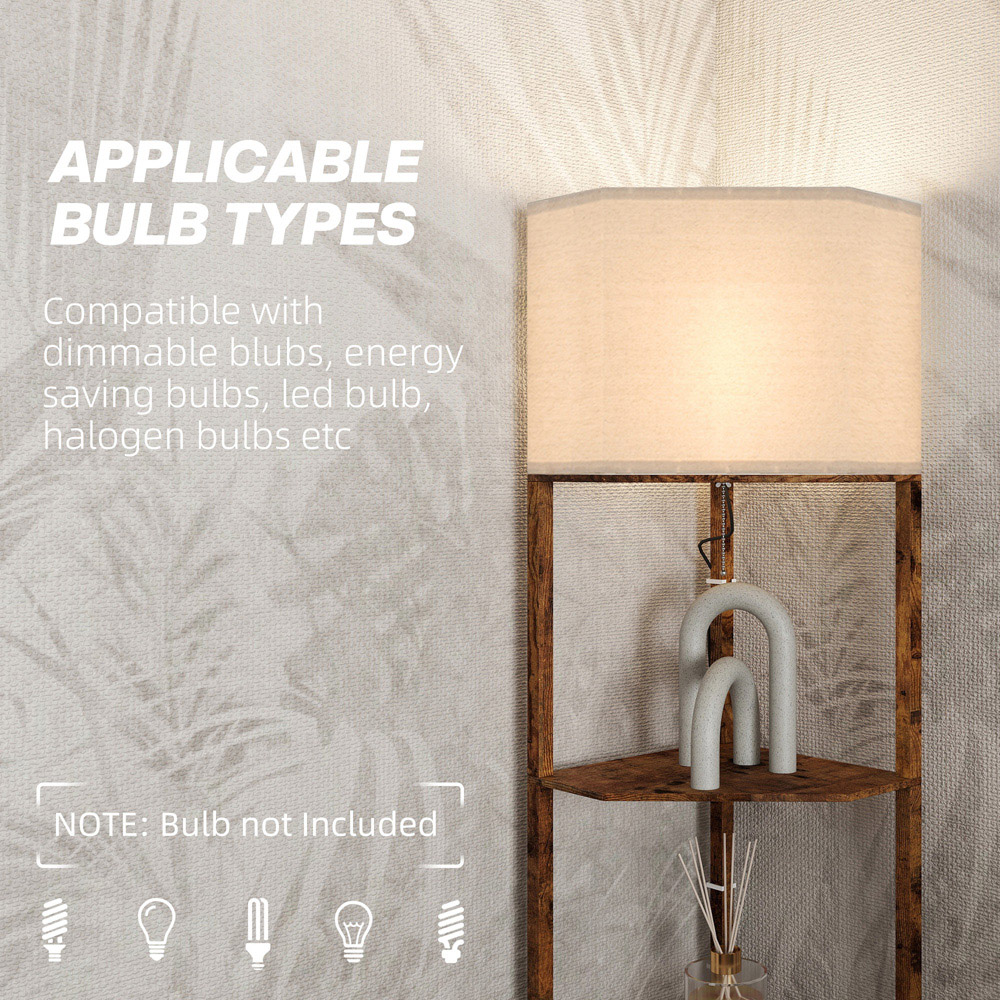HOMCOM Rustic Brown 3 Shelf Corner Modern Floor Lamp Image 7