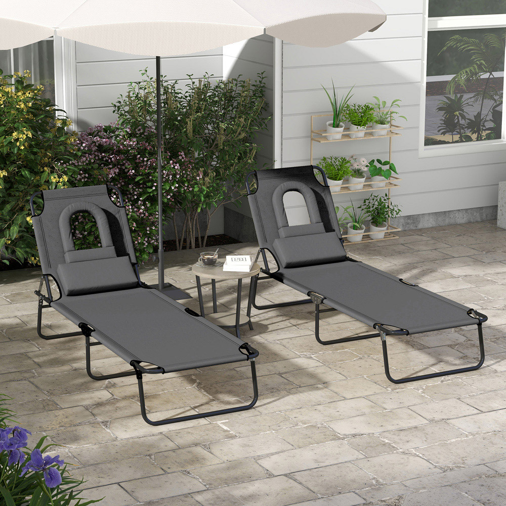 Outsunny Set of 2 Grey Folding Sun Lounger with Reading Hole Image 7