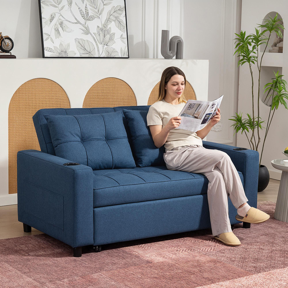 HOMCOM 2 Seater Dark Blue Pull Out Sofa Bed with Pockets | Homebase