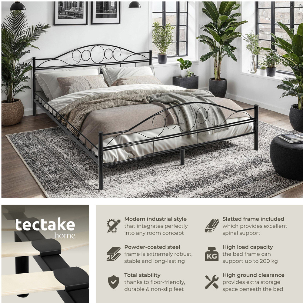 tectake King Size Black Metal Bed Frame with Slatted Base Image 4