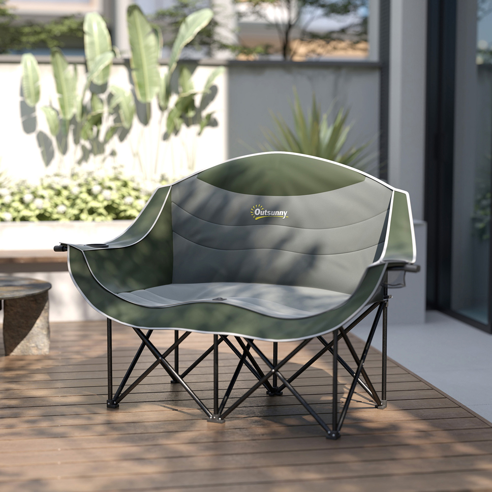 Outsunny 2 Seater Green Camping Chair with Armrests and Cup Holders Image 5