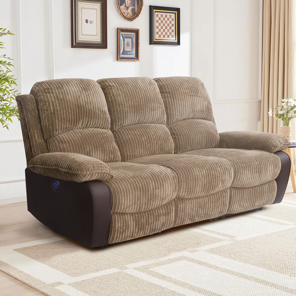 Comfy Living 6 Seater Brown Cord Fabric Electric Recliner Sofa Set Image 5