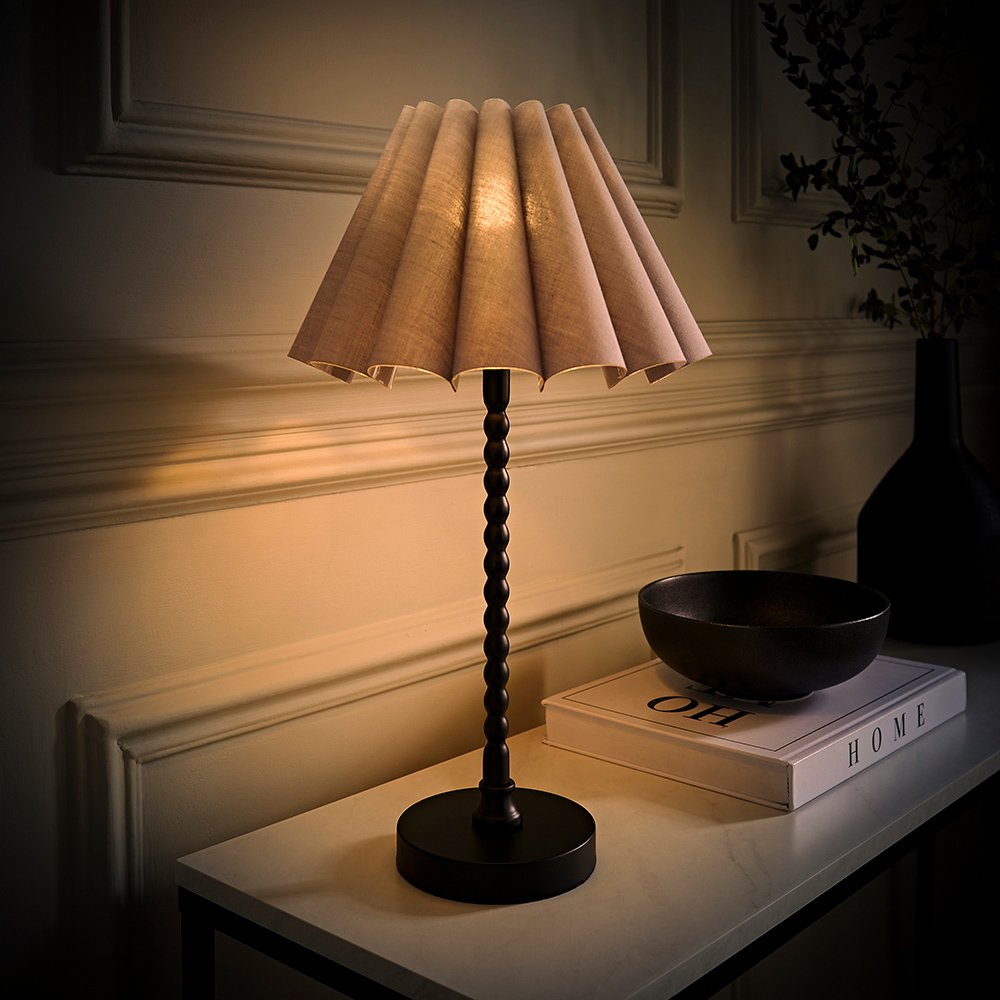 ValueLights Maeve Grey and Black Scallop Pleated Tapered Shade Bobbin Bobble Table Lamp and Bulb Image 2