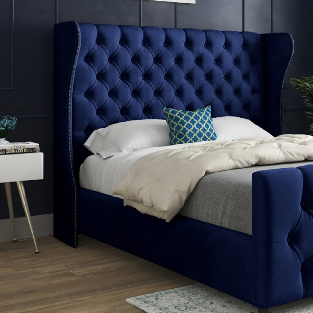 Donati Blue King Size Velvet Upholstered Bed Frame with Straight Curved Top Headboard Image 3