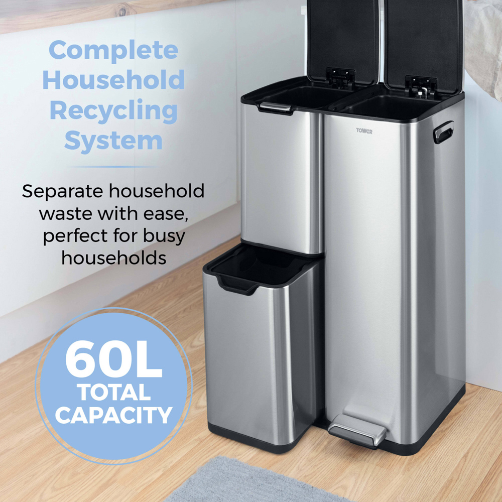 Tower Silver Carbon Steel Triple Recycling Pedal Bin 60L Image 4
