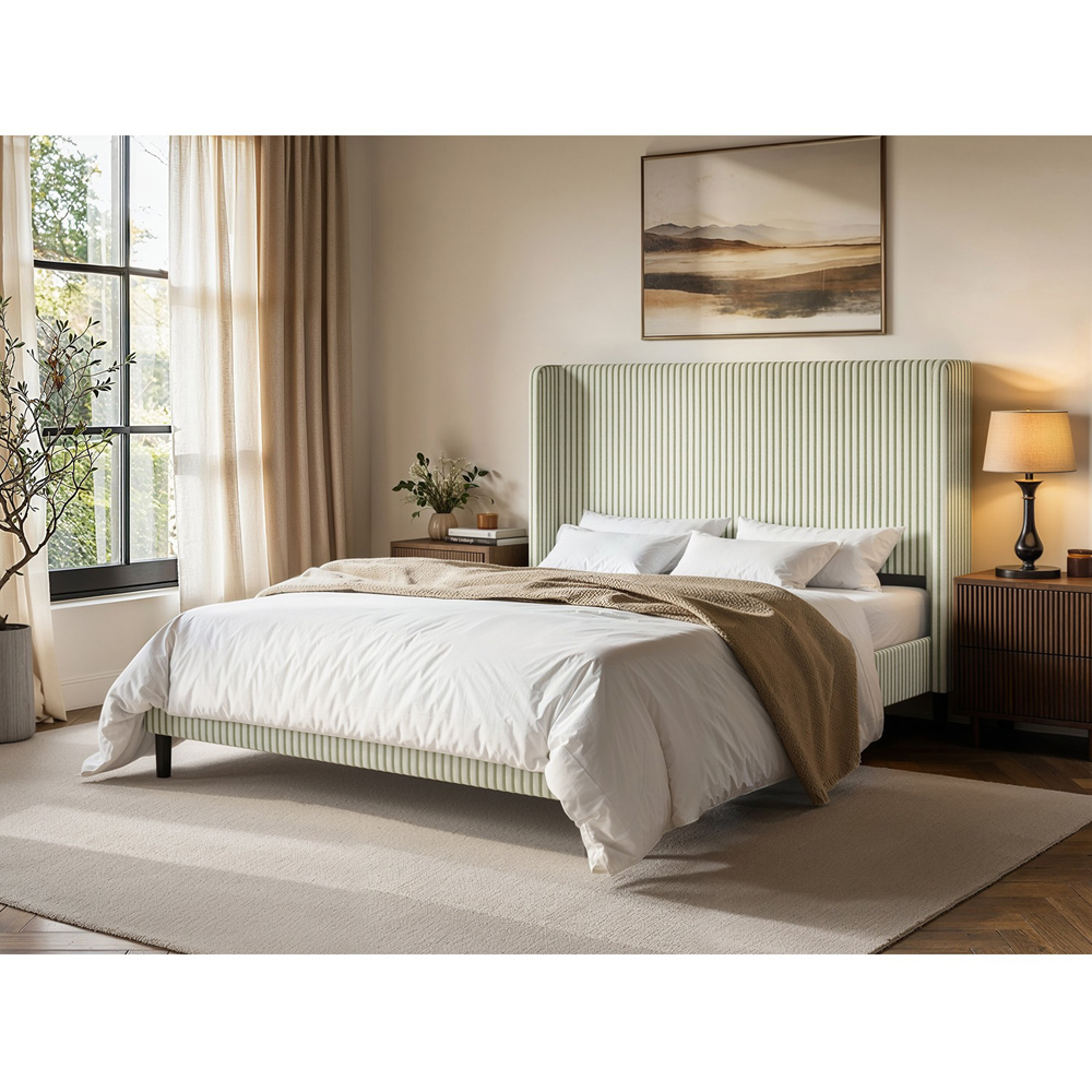 SOLACE+CO Jovanna Cream and Green King Size Striped Woven Fabric Bed with Winged Headboard Image 4