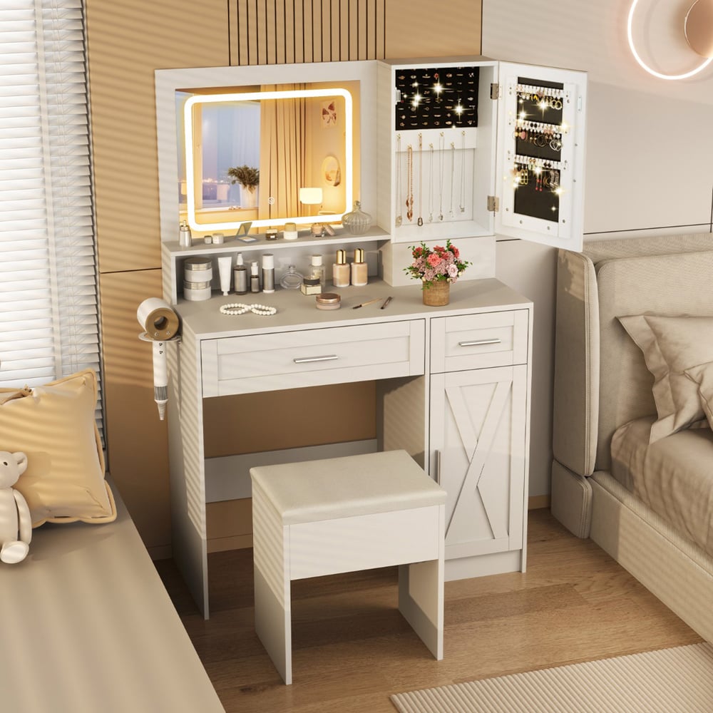 Costway Farmhouse White Dressing Table and Stool Set with Charging Station and LED Mirror Image 4