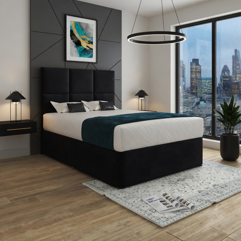 Caprio Black Super King Size Upholstered Divan Bed Frame with Floorstanding Cube Headboard Image 5