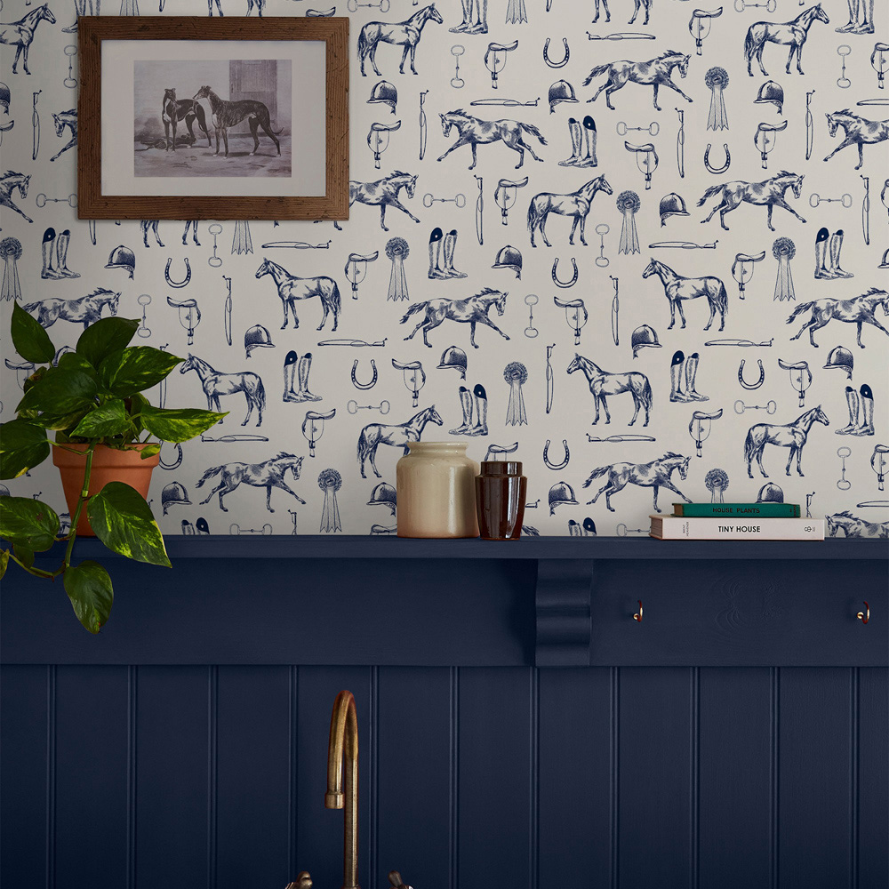 Joules Sketched Equestrian Print Cream and Blue Wallpaper Image 3