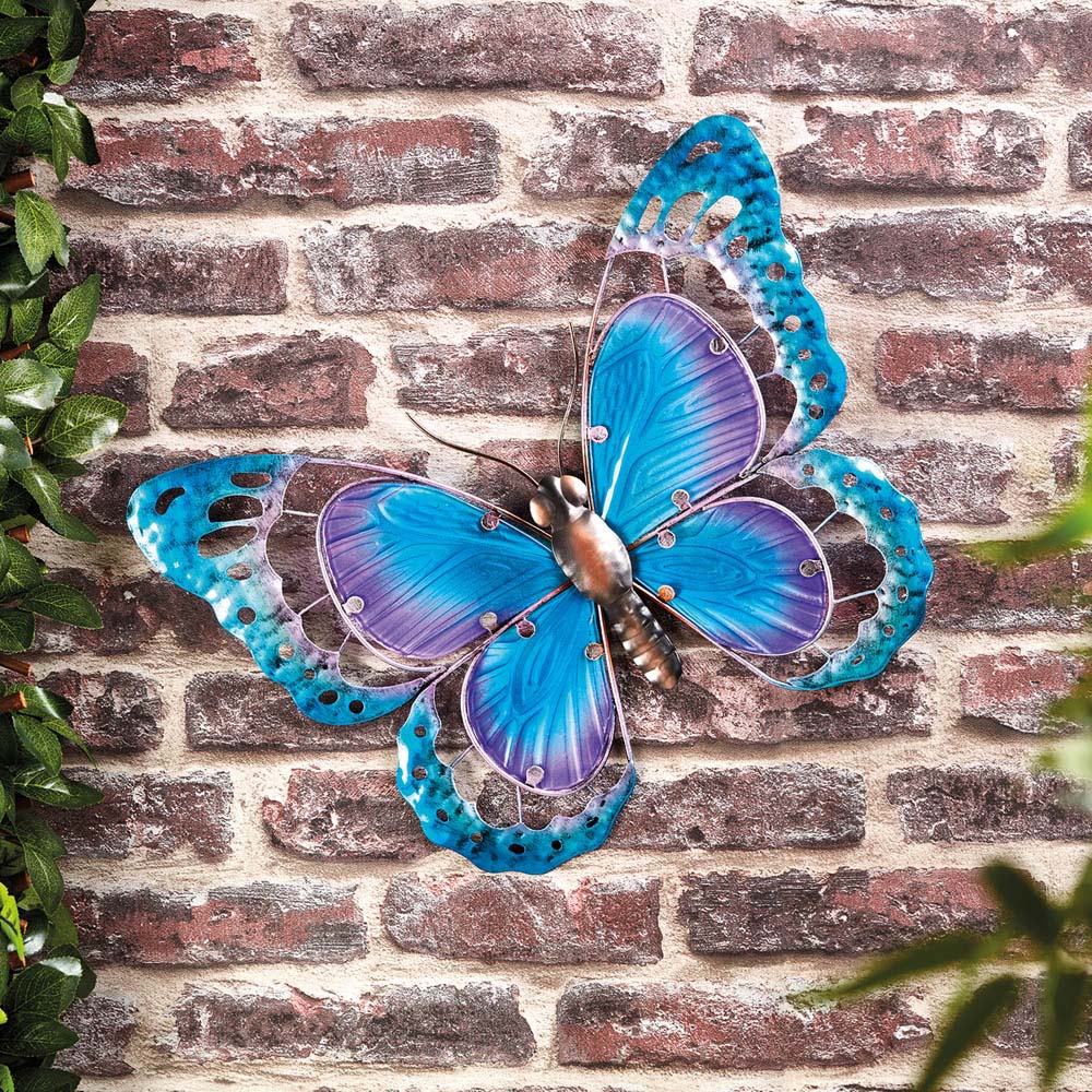 Garden Gear Blue Purple Butterfly Metal and Glass Wall Art Image 3
