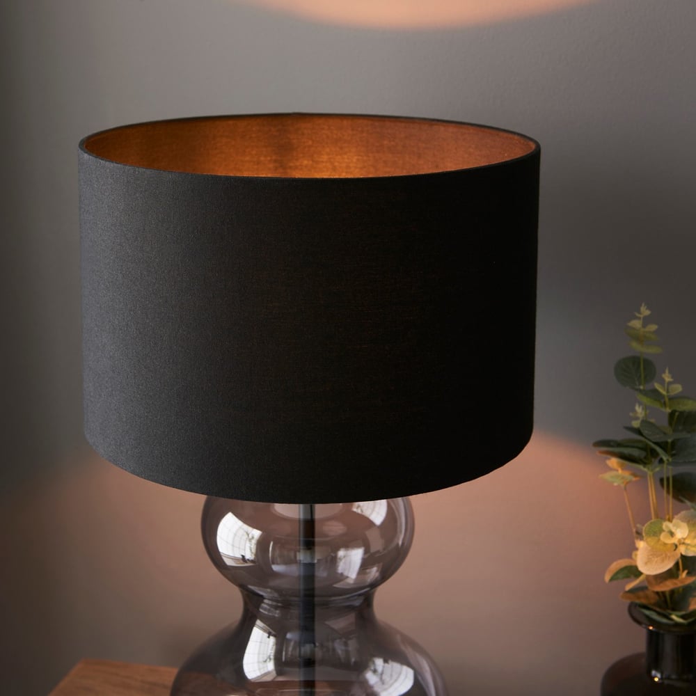 Merano Lecce Matt Black Grey Tinted Glass Black Cotton Fabric Shade Table Lamp Image 5