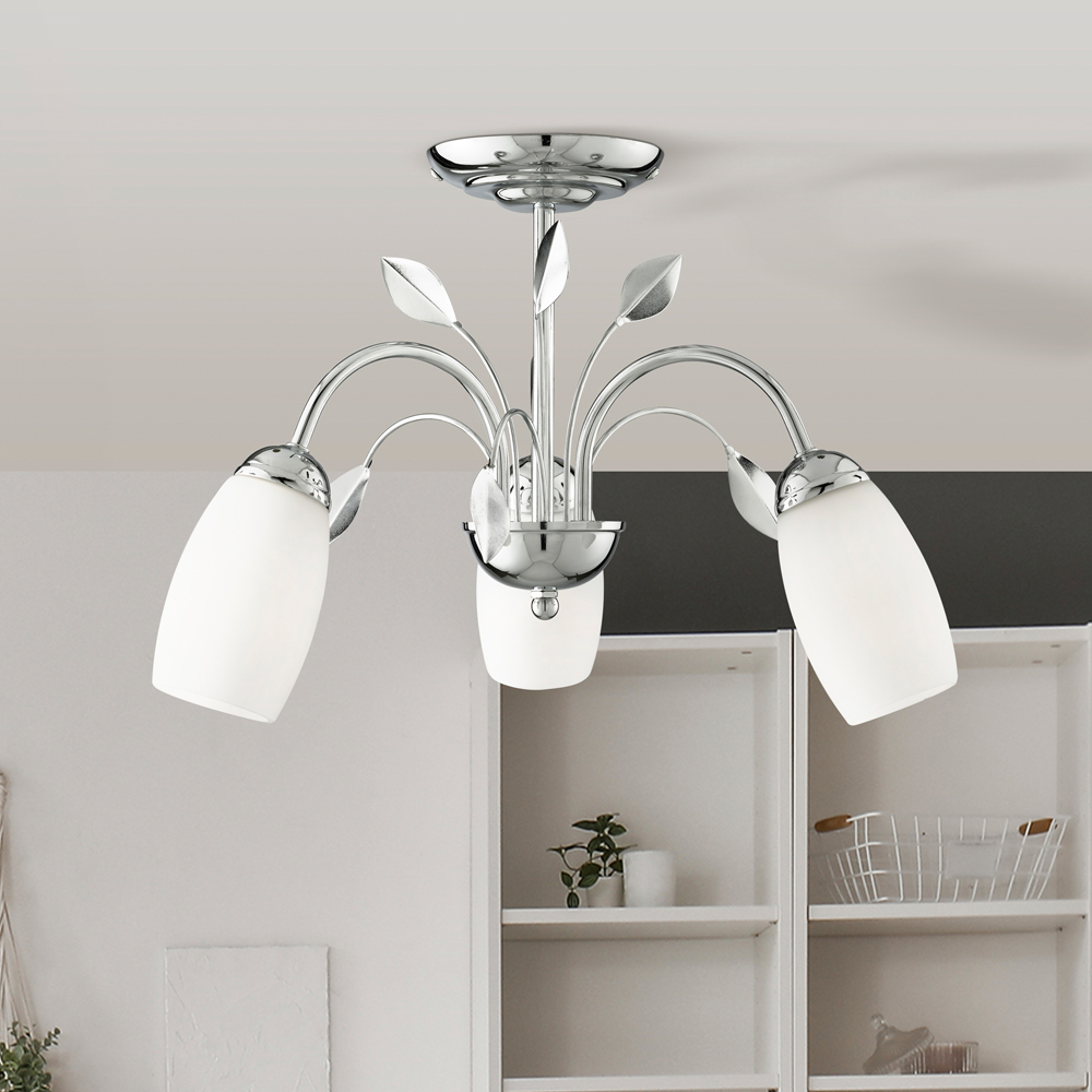 Lighting Collection 3 Light Chrome White Glass Shade Semi Flush Ceiling Light Image 2