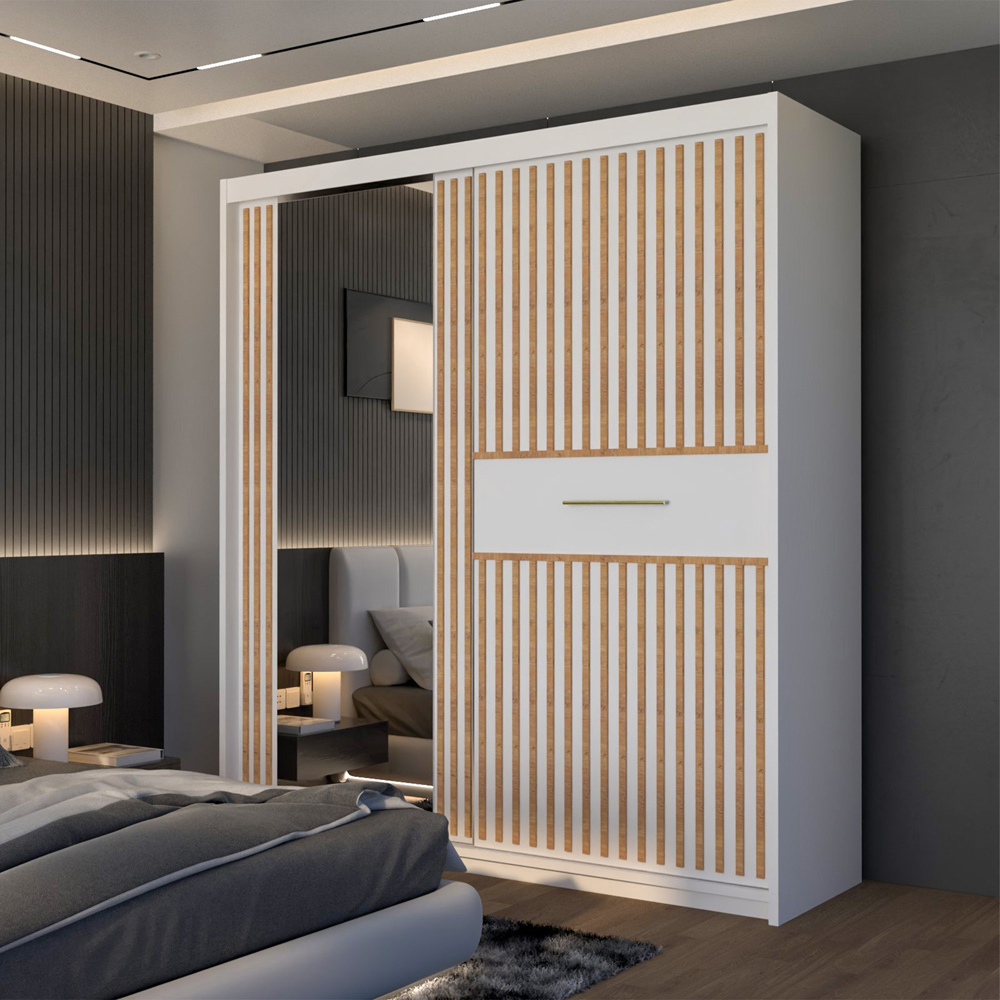 M N Furniture Laiyal 2 Door White Mirrored Sliding Wardrobe with Oak Strip 203cm Image 3