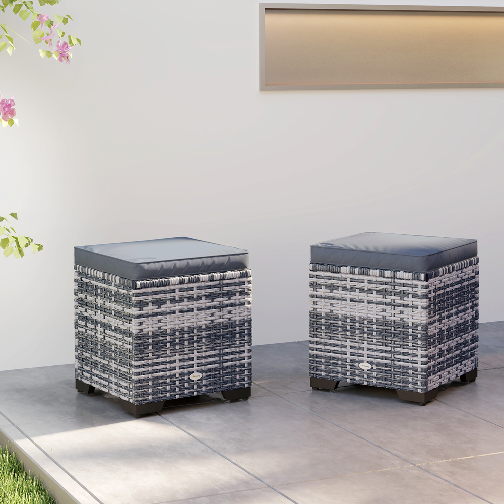 Outsunny Dark Grey Rattan Footstool with Storage Set of 2 Image 4