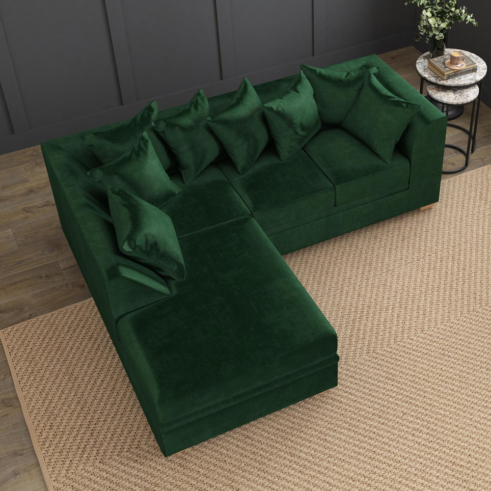 Modo 3 Seater Forest Green Plush Velvet Left Hand Scatter Back L-Shape Corner Sofa Image 7