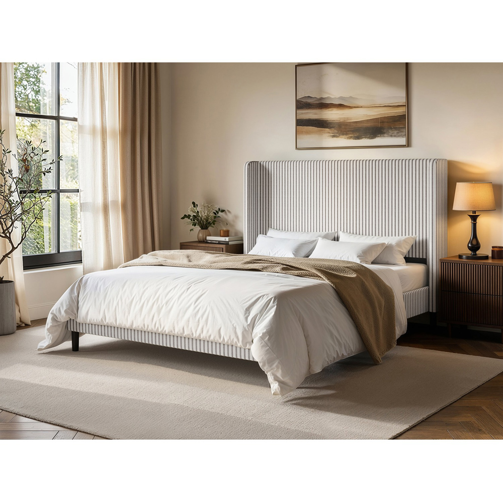 SOLACE+CO Jovanna Cream and Brown King Size Striped Woven Fabric Bed with Winged Headboard Image 4