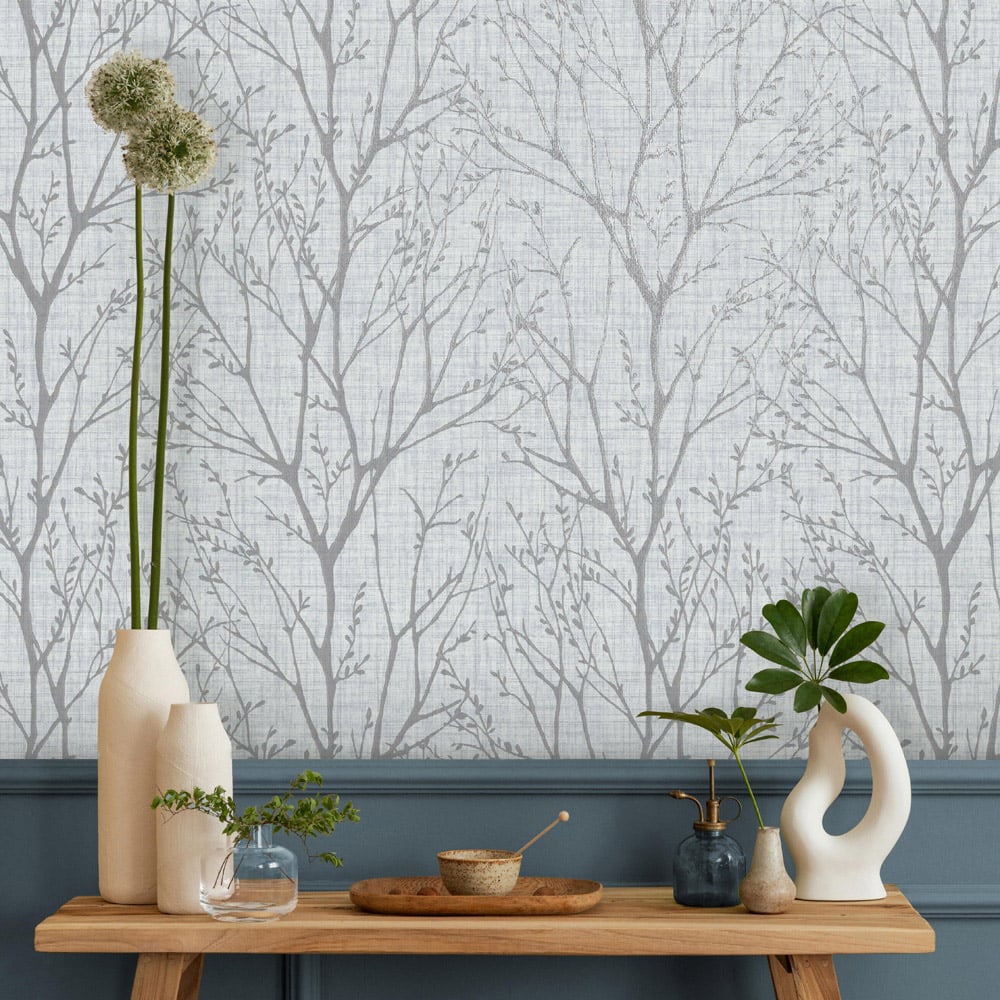 Crown Lynford Trees Fabric Effect Blue Wallpaper Image 2