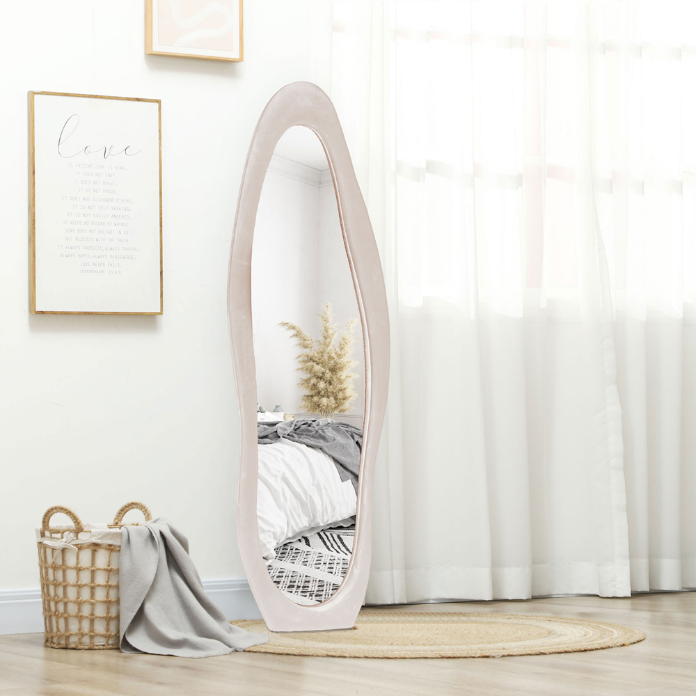 Portland Light Pink Velvet Frame Irregular Full Length Mirror 160 x 50cm Image 5