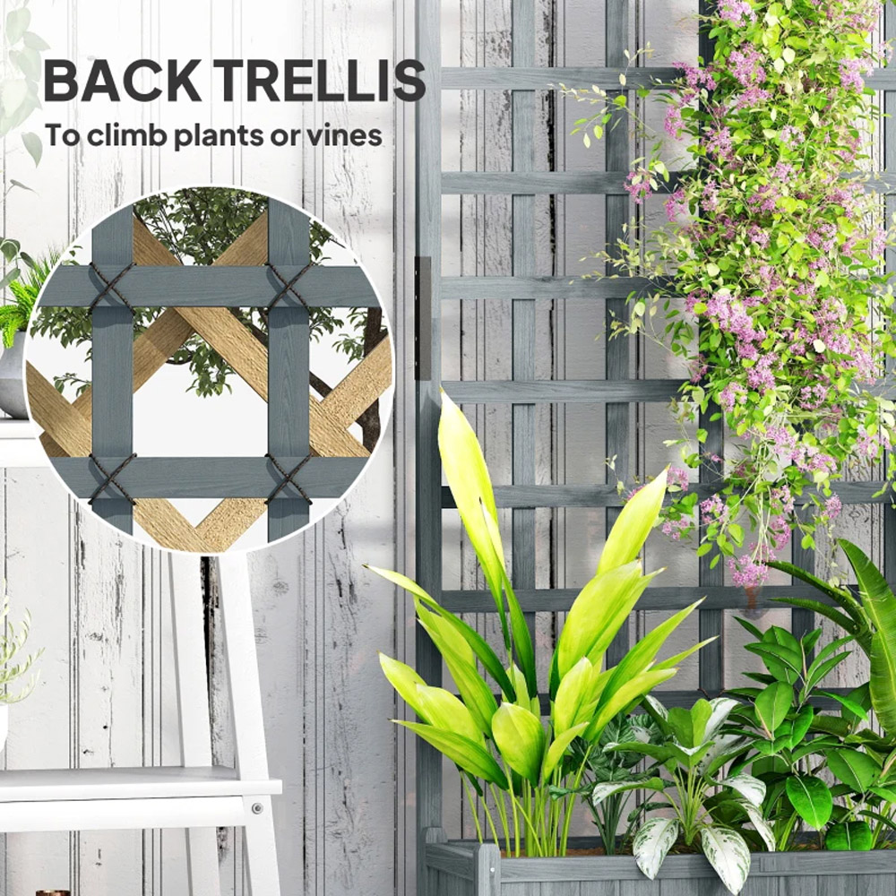 Outsunny Grey Wooden Raised Garden Bed Planter with Trellis and Wheels Image 7