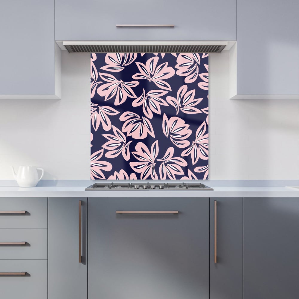 Warren Reed Designer Pink Navy Floral Botanical Glass Kitchen Splashback 75 x 70cm Image 1