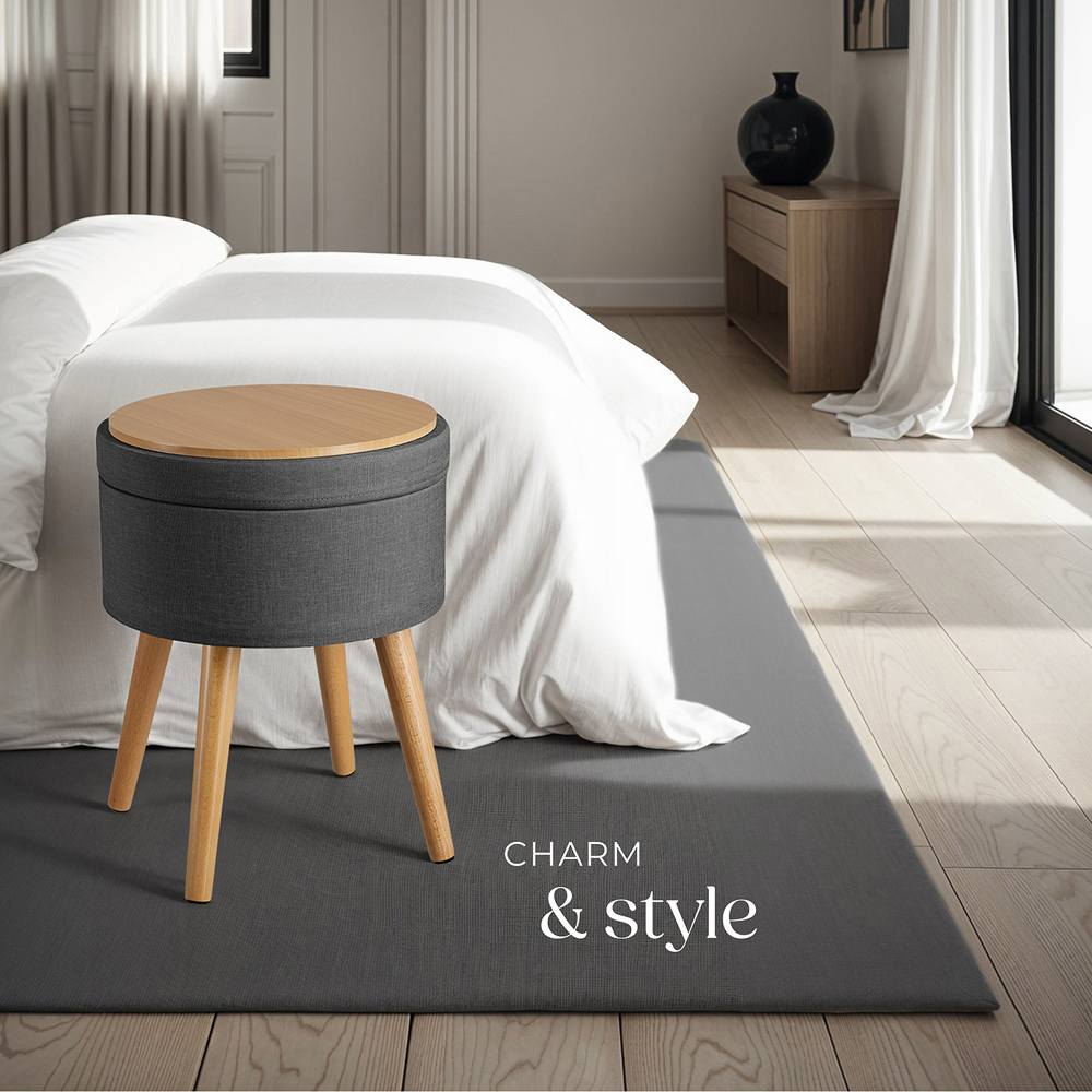 tectake Yara Dark Grey Linen Look Padded Round Stool with Storage Image 8