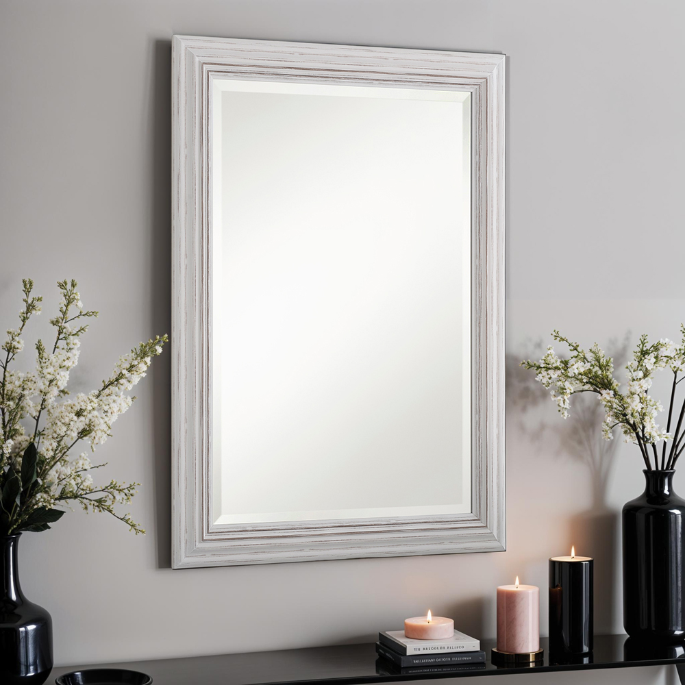 Yearn Distressed White Bevelled Wall Mirror 90.5 x 65cm Image 2
