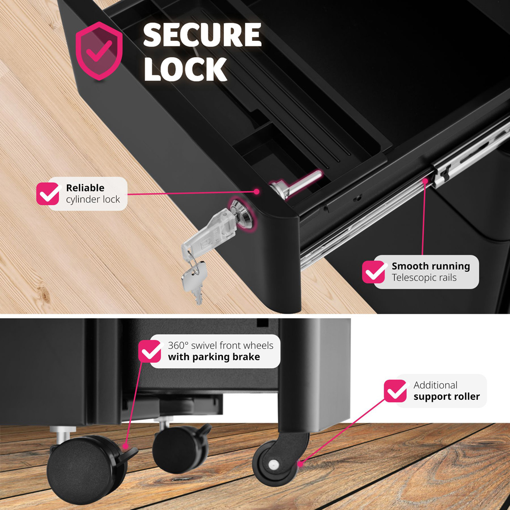 tectake Parvus 3 Drawer Black Lockable Filing Cabinet Image 4