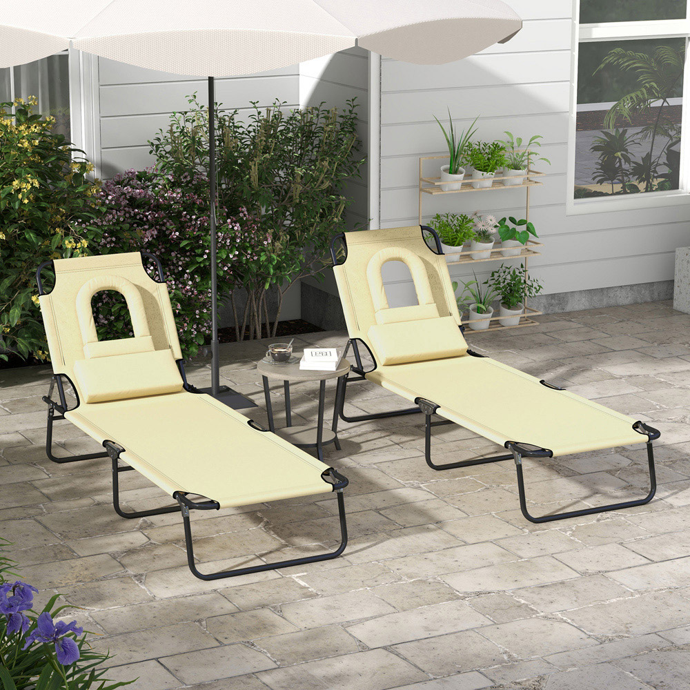 Outsunny Set of 2 Beige Folding Sun Lounger with Reading Hole Image 7