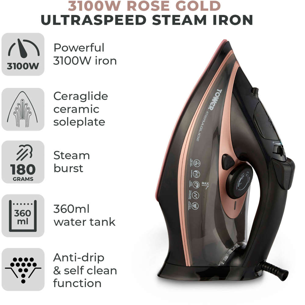 Tower CeraGlide Black and Rose Gold Ultra Speed Iron 3100W Image 3