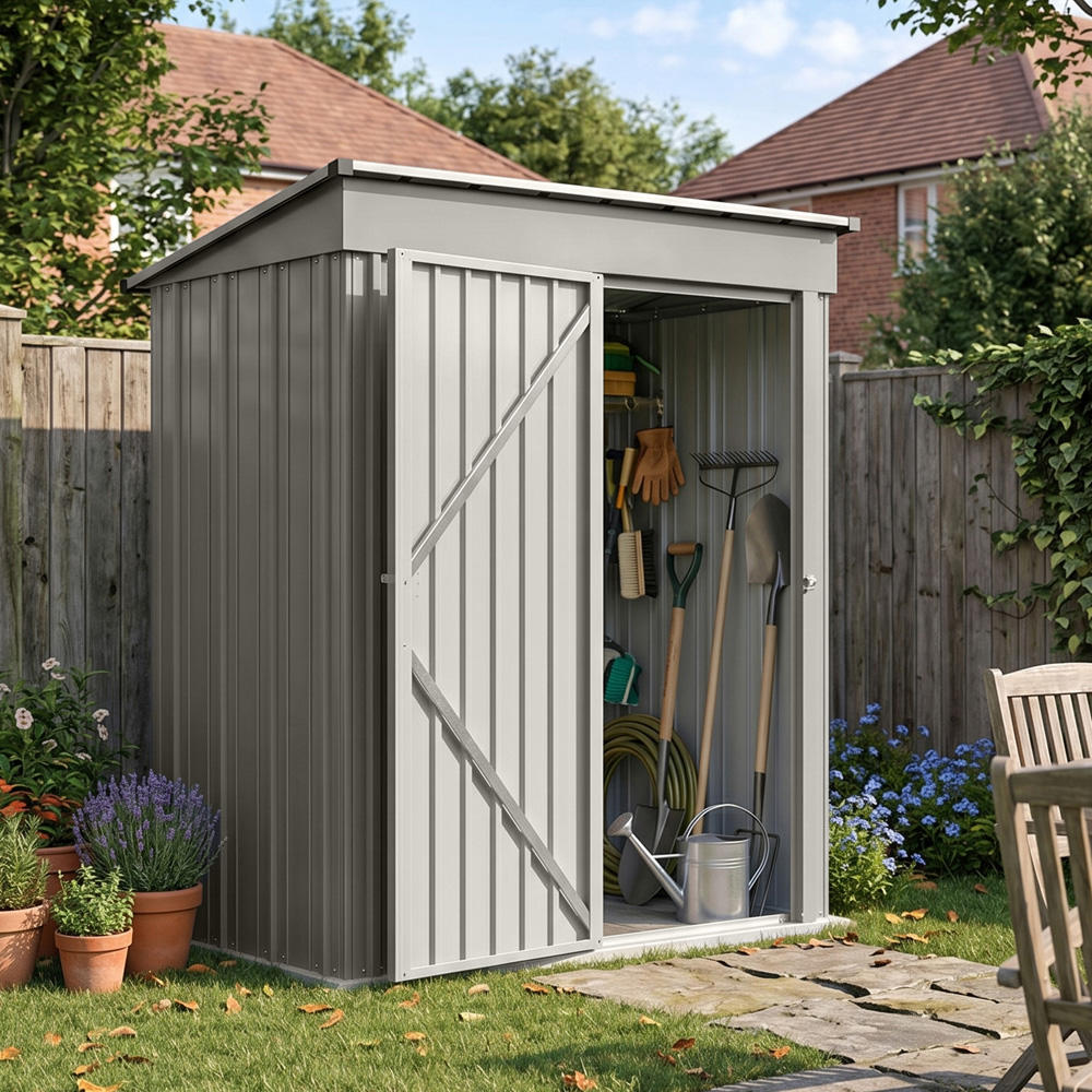 Living and Home 3 x 5ft Grey Metal Pent Compact Garden Storage Shed Image 2