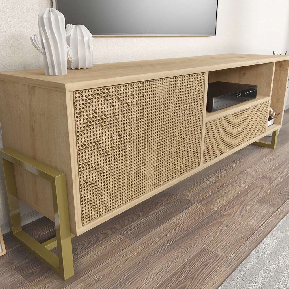 Decorotika Utopie Single Drawer Single Door 2 Shelf Oak and Rattan TV Unit Image 4