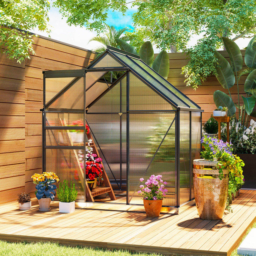 Outsunny 6.31 x 4.29ft Polycarbonate Walk In Garden Greenhouse Kit with Sliding Door Image 2