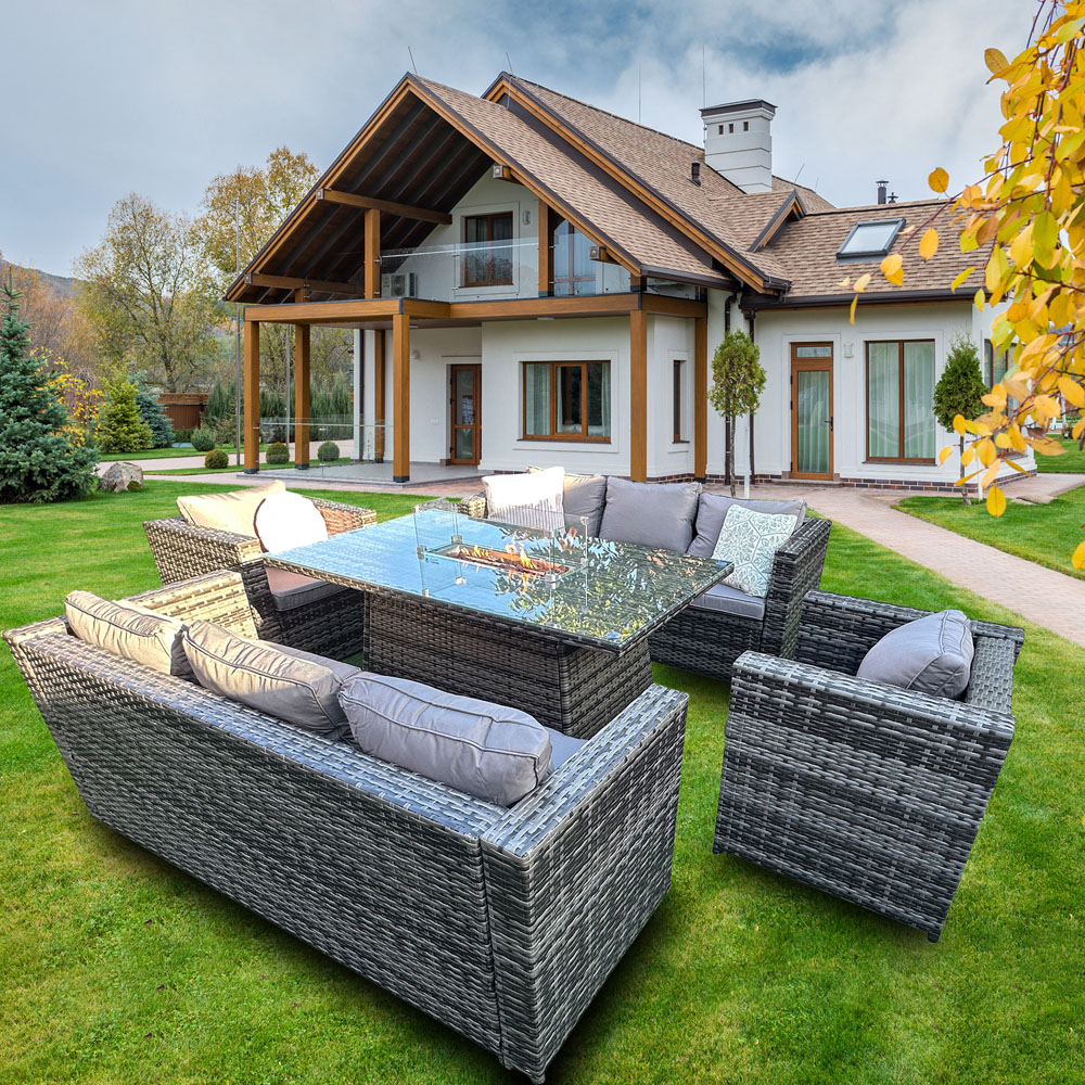 Florence 8 Seater Grey Rattan Firepit Table Garden Corner Lounge Set Image 6