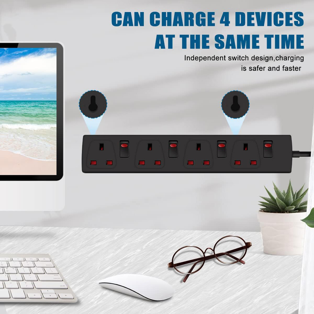 ExtraStar 13A 2m 4 Socket Child Resistant Black Extension Lead with Indicate Light and Individual Switch Image 5