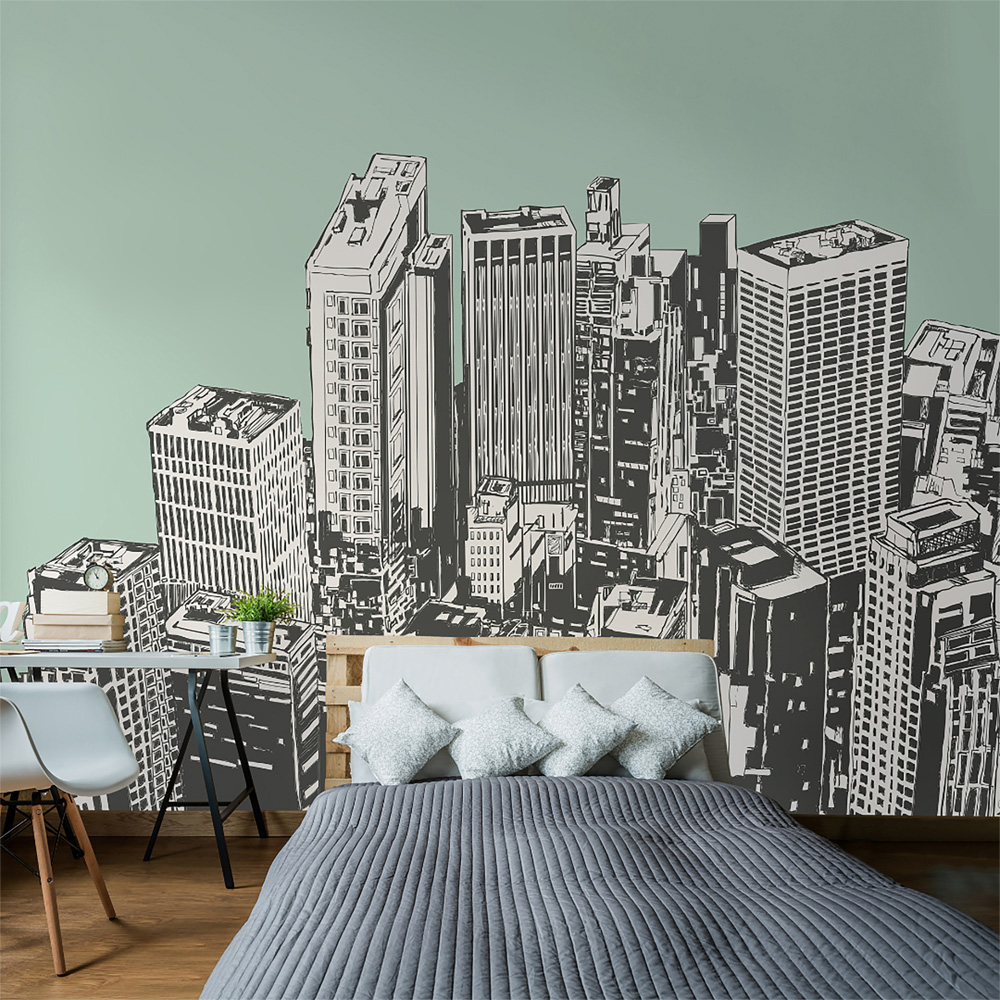 Origin Murals Urban City Skyscrapers Green Wall Mural Image 1