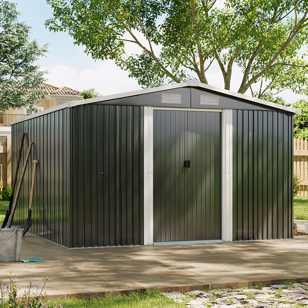 Living and Home 6.6 x 12.3 x 10.2ft Grey Peaked Steel Tool Storage Shed Image 2
