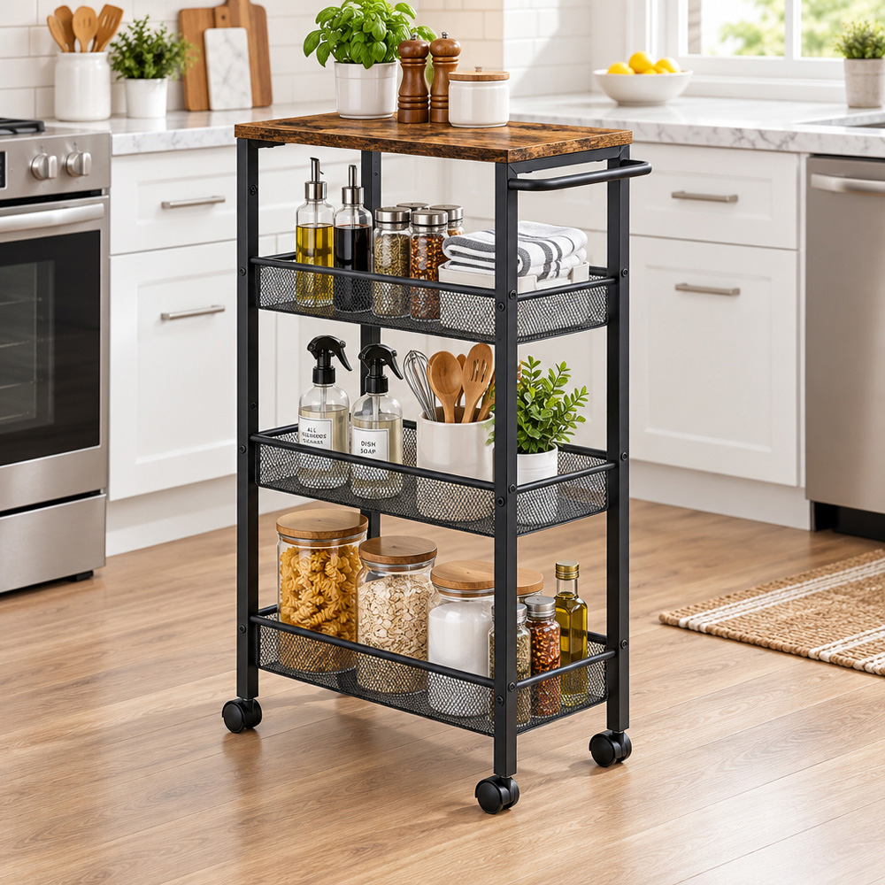 Modcraft 4 Shelf Black and Rustic Brown Slim Rolling Trolley Image 2