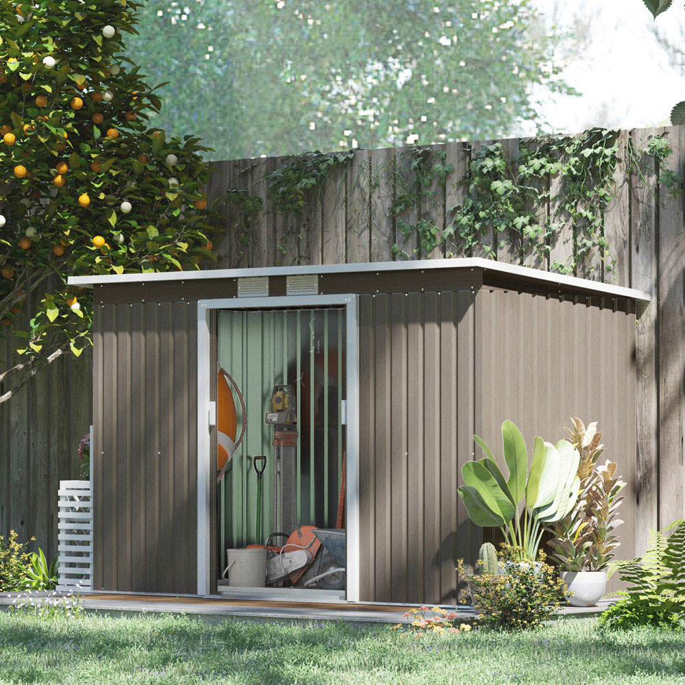 Outsunny 9 x 4ft 2 Door Light Grey Wood Grain Garden Storage Shed Image 2