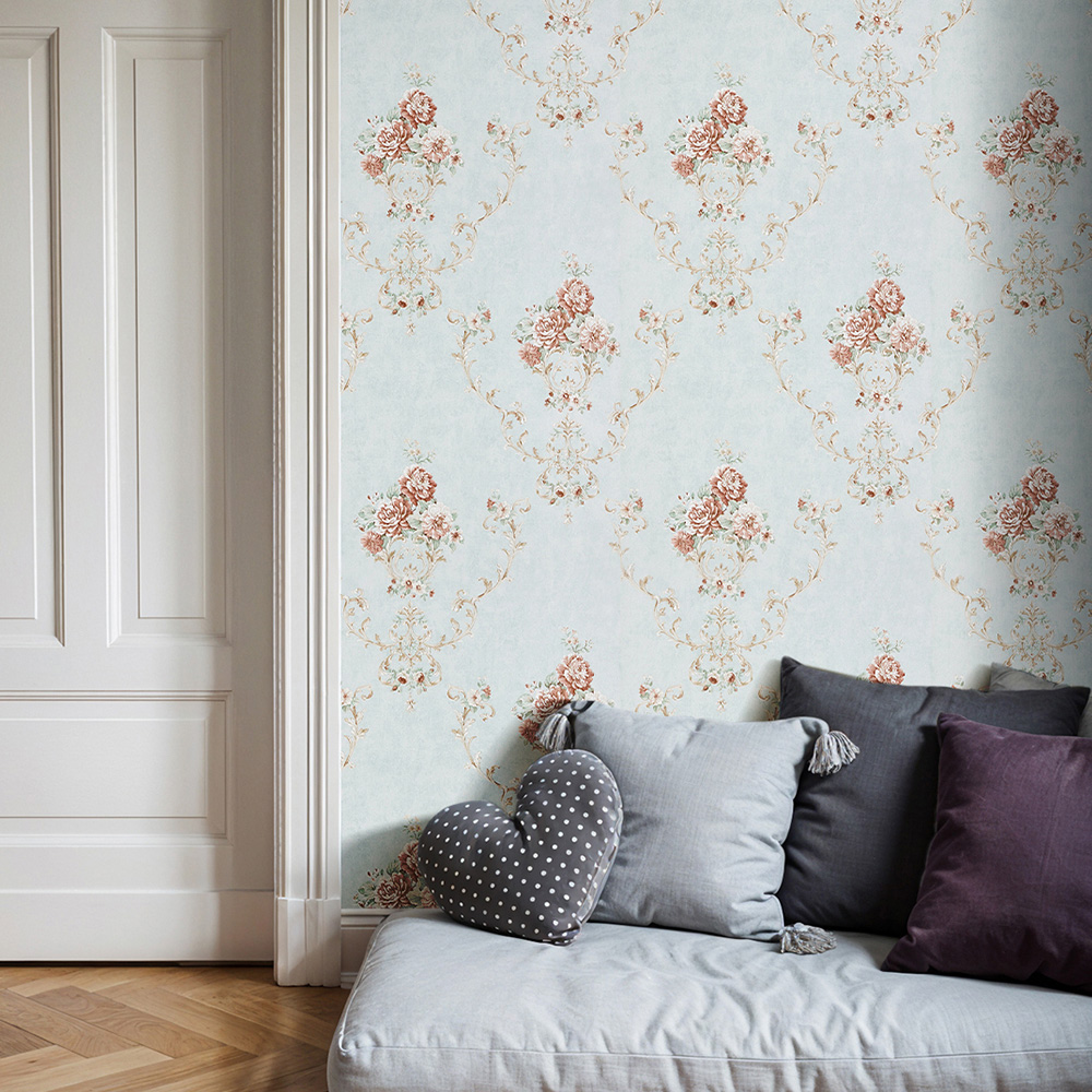 Living and Home Light Blue Flower Pattern Damask 3D Embossed Wallpaper Roll 950 x 53cm Image 2