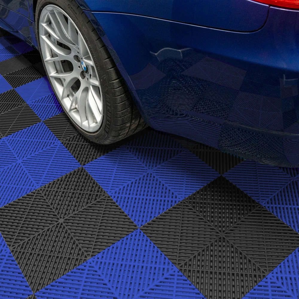 MonsterShop 120 Black and 120 Blue Vented Garage Floor Tiles with Edges and 2 x 14 Hexagon LED Light Image 2