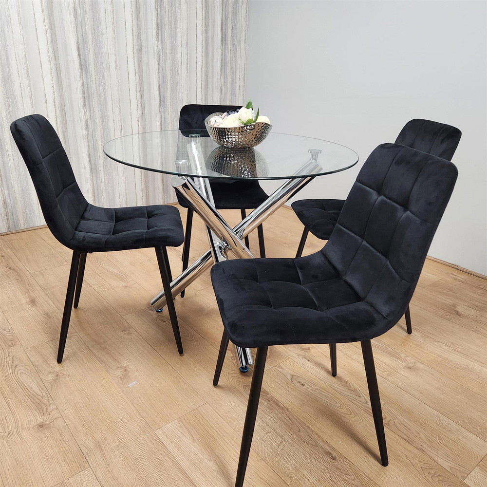 Portland 4 Seater Velvet Clear Glass Round Dining Set Black Image 4