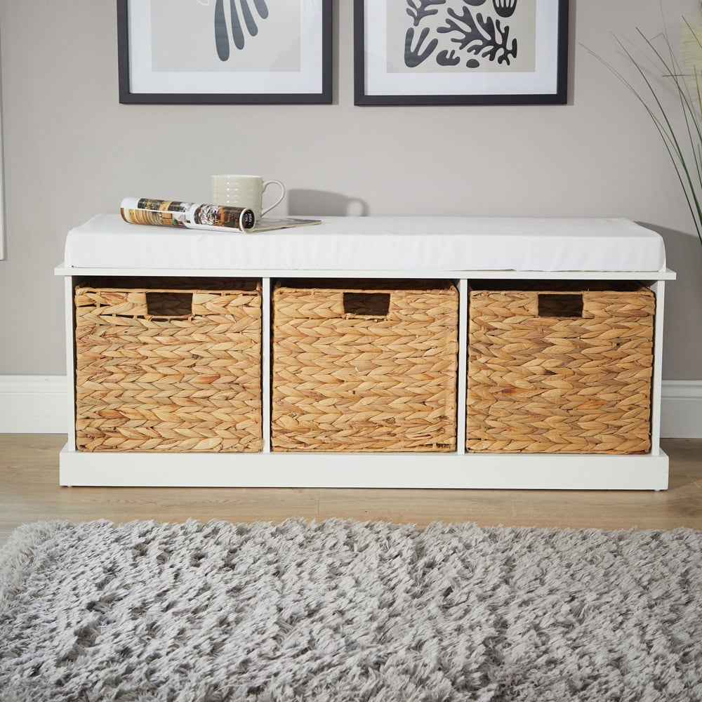 Home Source Lapworth 3 Basket Drawer White Storage Bench with Padded Cushioned Top Image 5