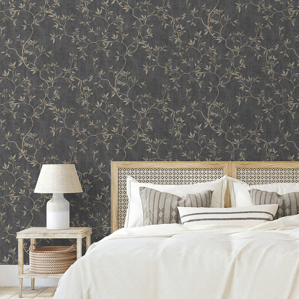 Muriva Japandi Leaf Charcoal and Gold Wallpaper Image 5