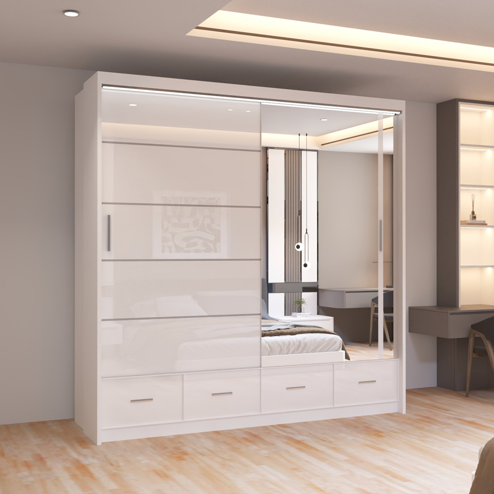 Sliding Wardrobes 4U Sycylia 2 Door 4 Drawer White High Gloss Mirror Wardrobe Image 3
