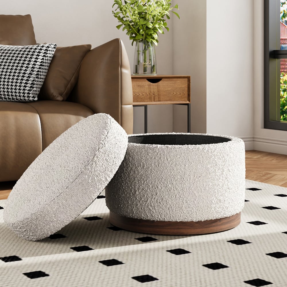 Living and Home Cream Round Ottoman Storage Stool Seat with Thick Cushion Image 7