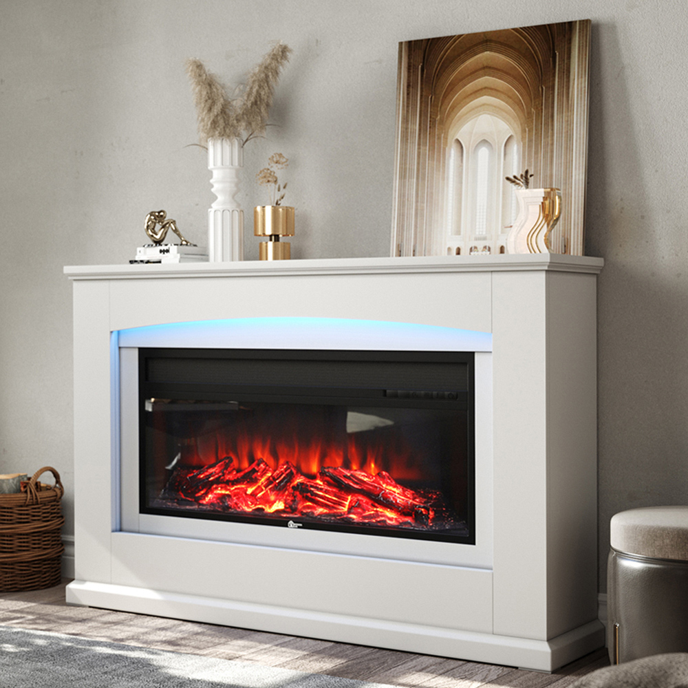 Living and Home 34 Inch Electric Fireplace White Surround Set with Remote 7 LED Mood Light Adjustable Image 2