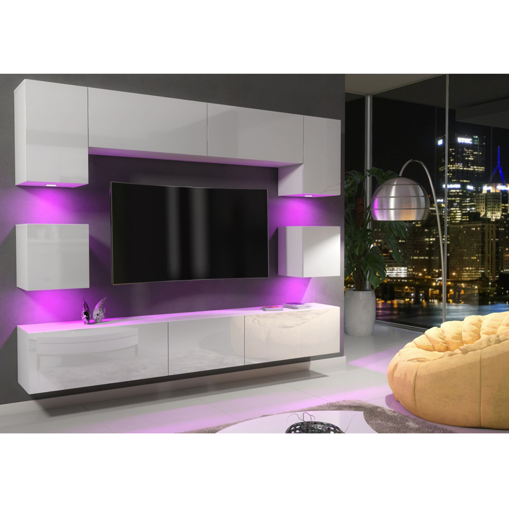 Creative Furniture Panorama White and White Gloss 9-Piece Wall TV Unit with LED Image 7