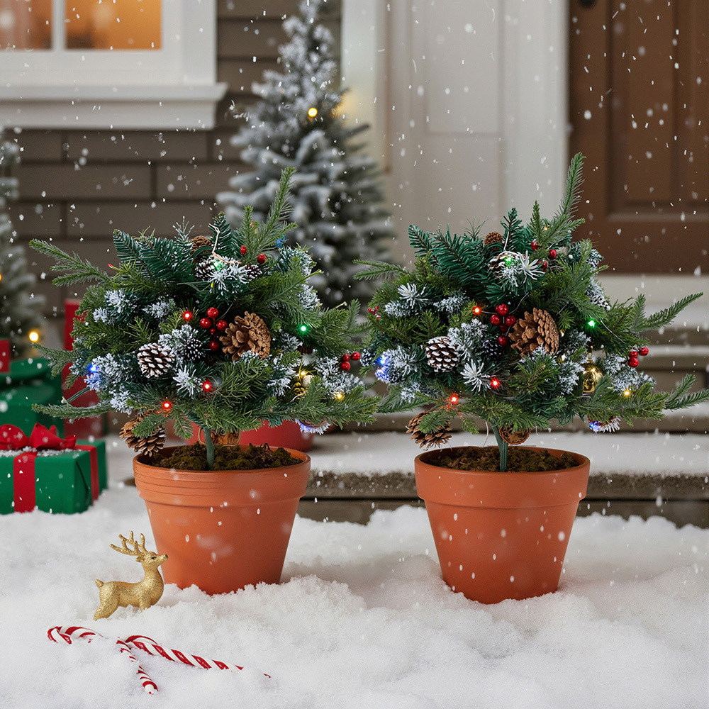 Living and Home Pre-Lit Christmas Planter Bush with Pinecones and Red Berries 58cm 2 Pack Image 2