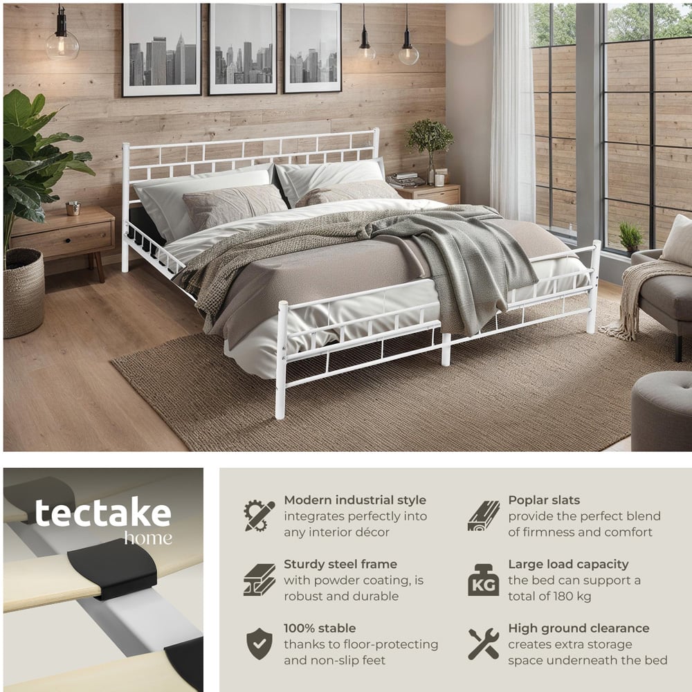 tectake Double White Metal Bed Frame with Slatted Base Image 4